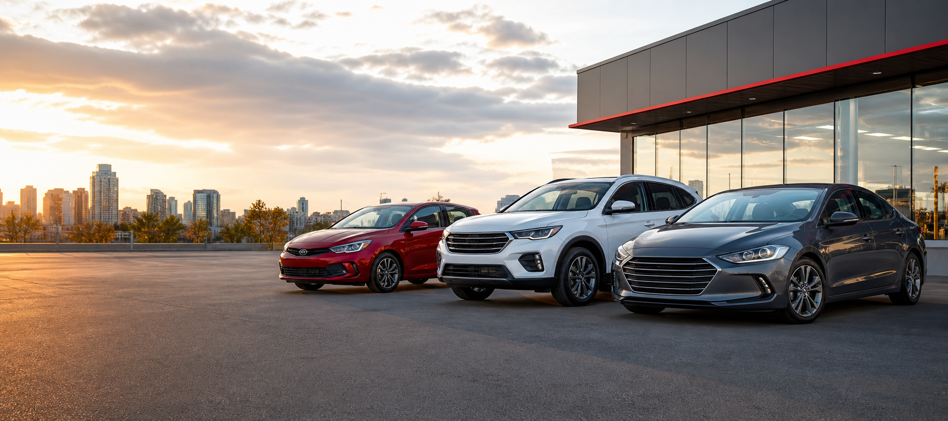 Three polished used vehicles outside a modern dealership